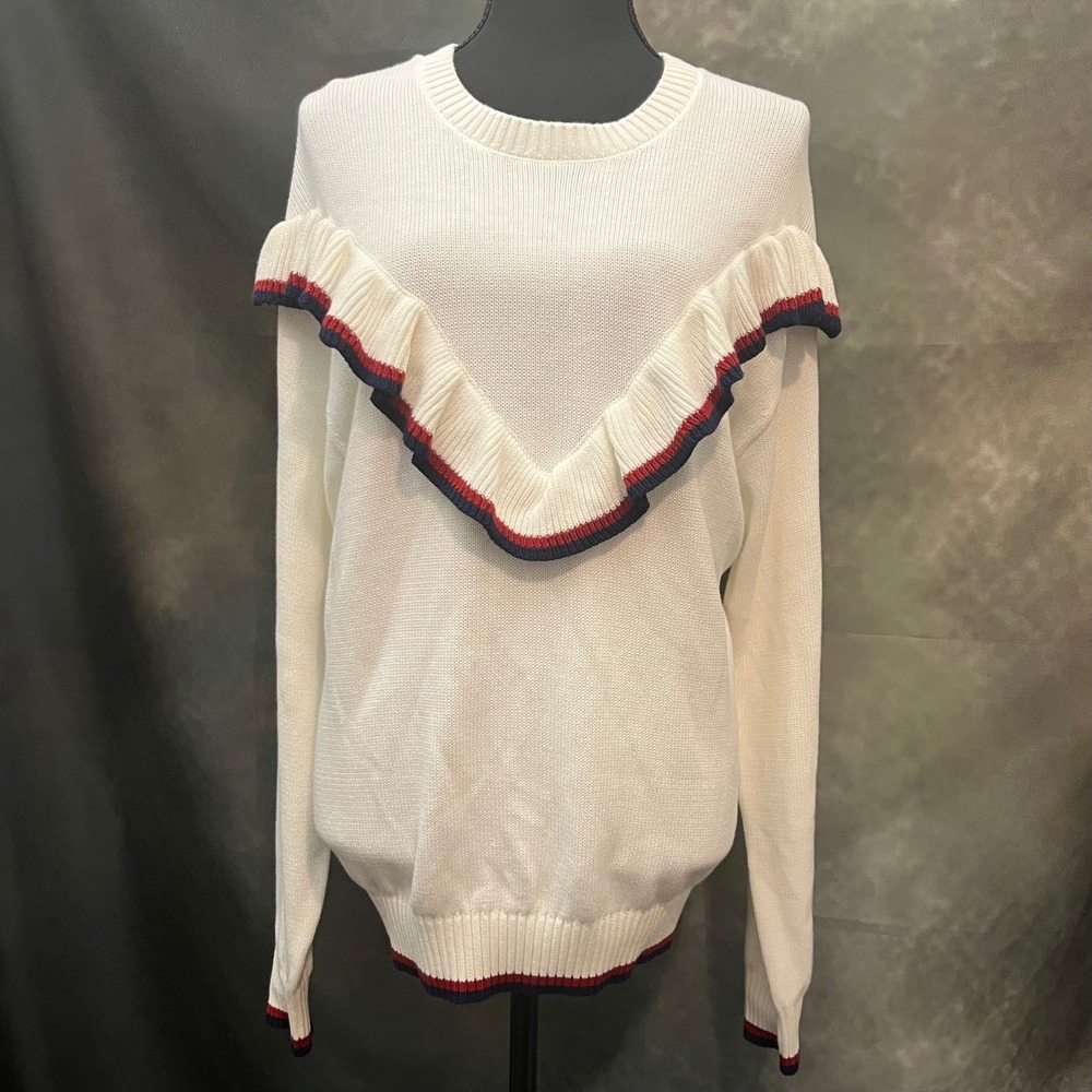 The‎ Upside Columbia Boo White Ruffle V Neck Sweater Size Medium Organic Cotton